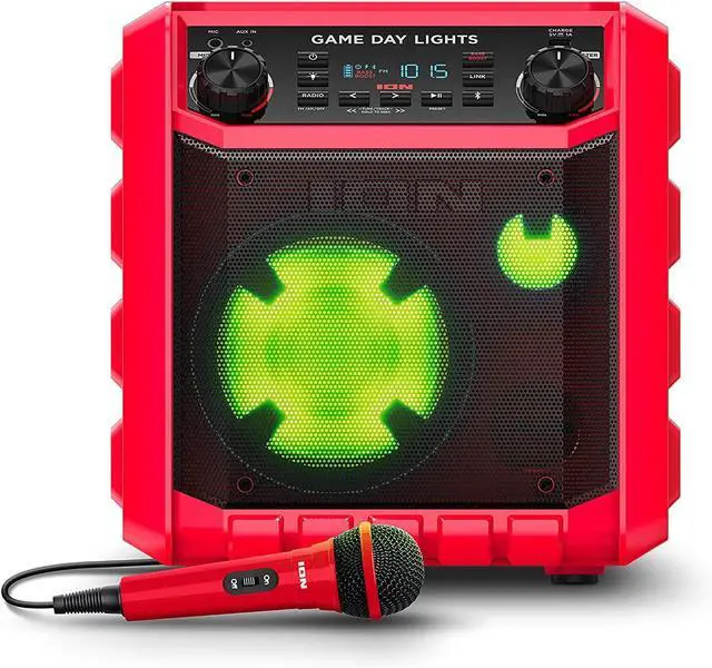 Alt view image 7 of 7 - ION Game Day Lights Portable Bluetooth Party Speaker with Karaoke Microphone Lights and Radio for Birthday, Pool Party, BBQ  Powerful, 50W (Red)