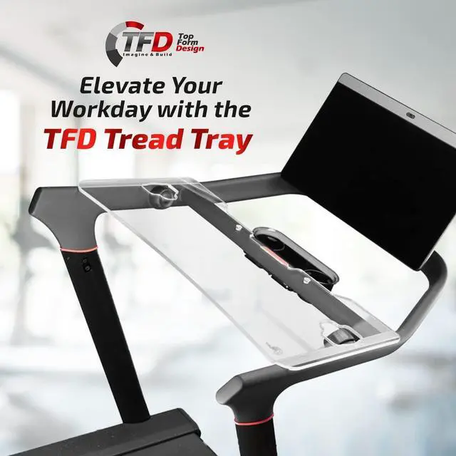 Alt view image 2 of 7 - TFD The Tread Tray 2.0 | Compatible with Peloton Tread (Does NOT FIT Tread Plus), Made in USA | Walking Desk Attachment Holder for Laptop, Tablet, Phone, & Book (Clear)