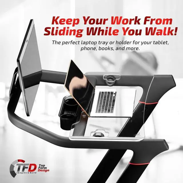 Alt view image 3 of 7 - TFD The Tread Tray 2.0 | Compatible with Peloton Tread (Does NOT FIT Tread Plus), Made in USA | Walking Desk Attachment Holder for Laptop, Tablet, Phone, & Book (Clear)