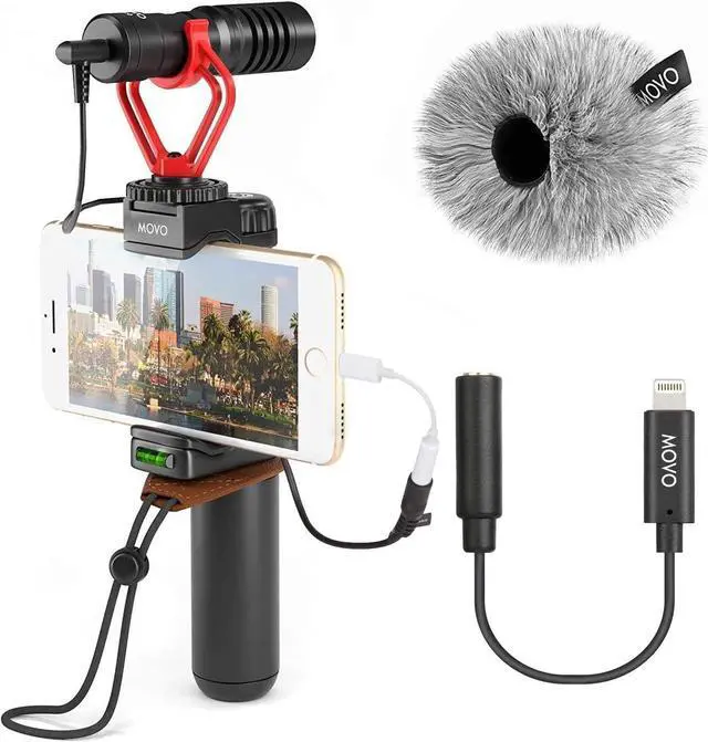Main image of Movo Smartphone Video Rig with Shotgun Microphone, Grip Handle, Wrist Strap, and Lightning Dongle Compatible with iPhone 11, 11 Pro, XS, XR, X, 8, 7, 6S, 6, 5S, 5 and Android - for Vlogging, YouTube