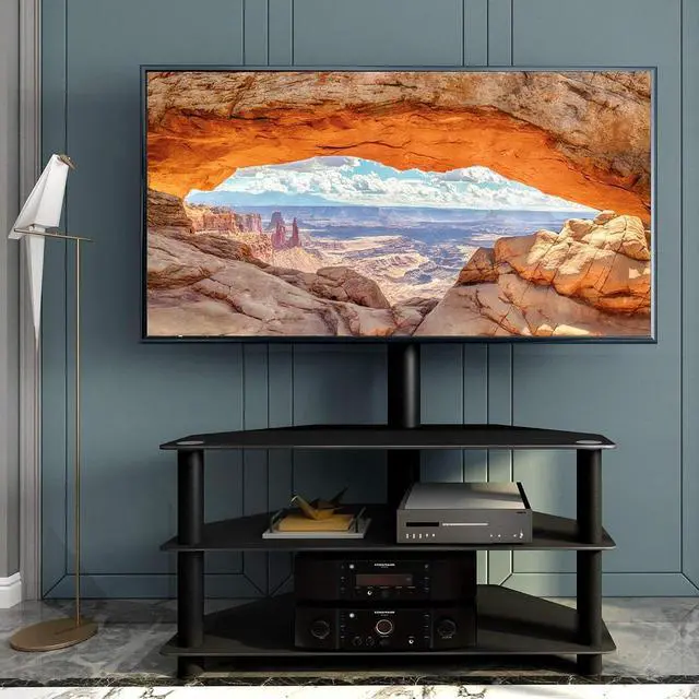 Alt view image 2 of 7 - IANIYA Swivel Floor TV Stand Height Adjustable Bracket Entertainment Stand for 32 to 65 inch TV | 3-Tier BlackTempered Glass Multi-Function TV Stand