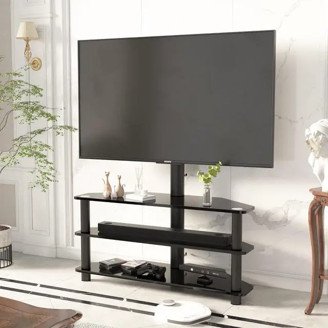 Alt view image 3 of 7 - IANIYA Swivel Floor TV Stand Height Adjustable Bracket Entertainment Stand for 32 to 65 inch TV | 3-Tier BlackTempered Glass Multi-Function TV Stand