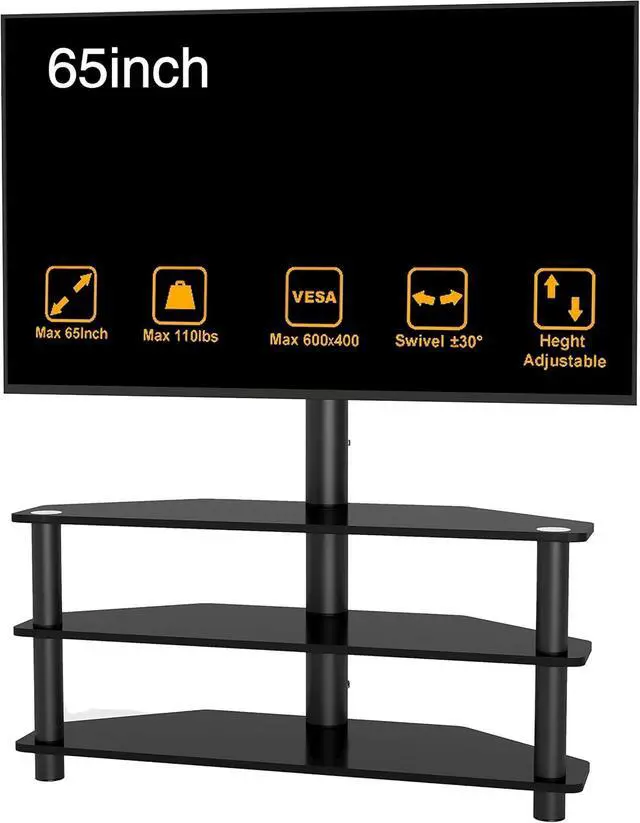 Alt view image 4 of 7 - IANIYA Swivel Floor TV Stand Height Adjustable Bracket Entertainment Stand for 32 to 65 inch TV | 3-Tier BlackTempered Glass Multi-Function TV Stand