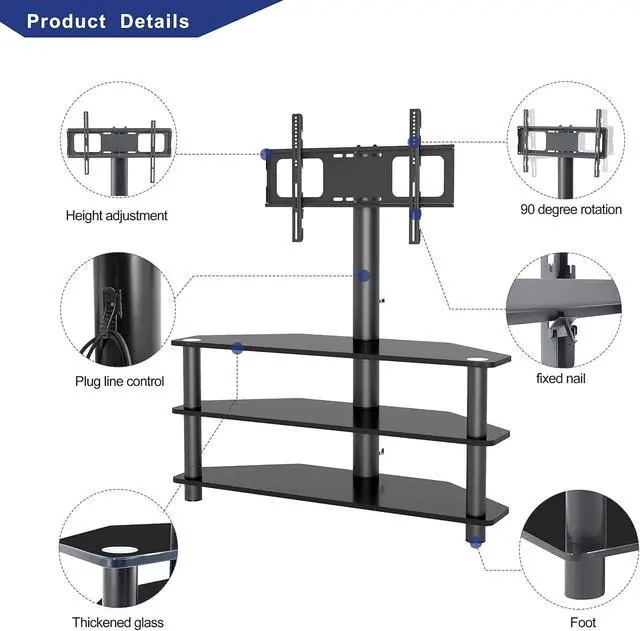 Alt view image 5 of 7 - IANIYA Swivel Floor TV Stand Height Adjustable Bracket Entertainment Stand for 32 to 65 inch TV | 3-Tier BlackTempered Glass Multi-Function TV Stand
