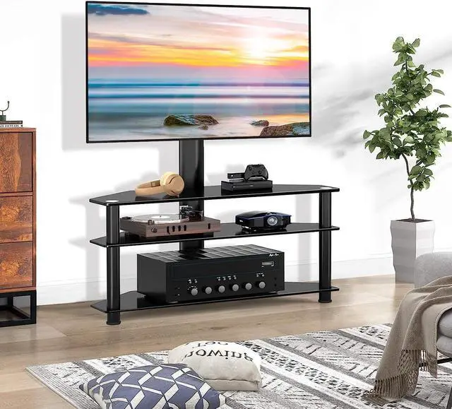 Alt view image 2 of 6 - TAVR Furniture Swivel Floor TV Stand with Table for 32-70 Inch TVs, Universal Height Adjustable TV Floor Stand with Large Storage Shelves, Strong Corner TV Stand Mount Holds up to 88lbs, Black