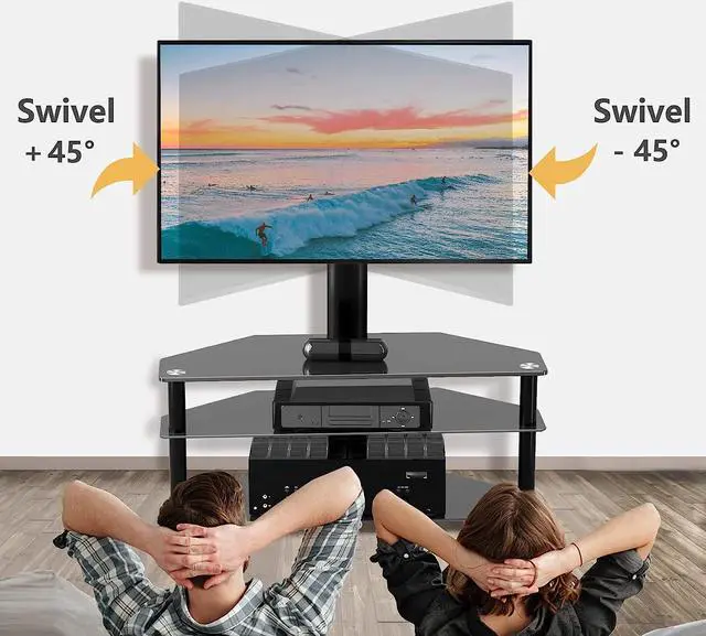 Alt view image 3 of 6 - TAVR Furniture Swivel Floor TV Stand with Table for 32-70 Inch TVs, Universal Height Adjustable TV Floor Stand with Large Storage Shelves, Strong Corner TV Stand Mount Holds up to 88lbs, Black