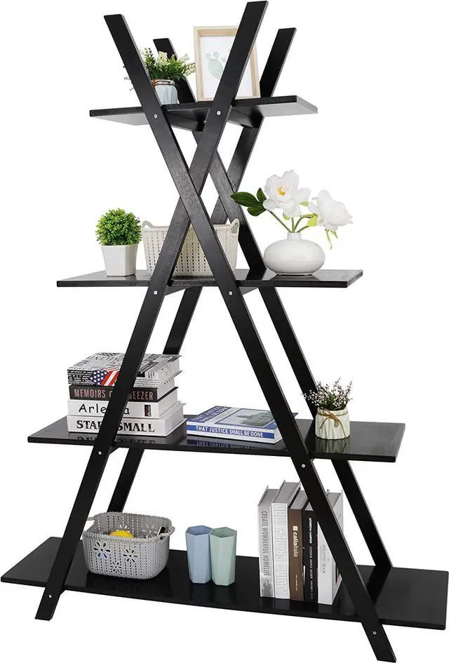 Alt view image 3 of 7 - A Frame Bookshelf Storage Shelves, 4 Tier Ladder Bookcase Free Standing, Plant Book Display Furniture for Home Office, Black
