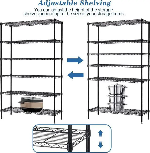 Alt view image 6 of 7 - Dkelincs 6-Tier Wire Shelving Metal Storage Shelves for Garage Kitchen Laundry 42" L x 16" W x 72" H Steel Standing Shelf Unit Organizer Rack, Black