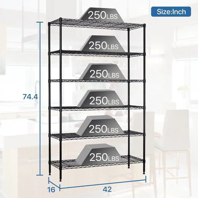 Alt view image 3 of 7 - Dkelincs 6-Tier Wire Shelving Metal Storage Shelves for Garage Kitchen Laundry 42" L x 16" W x 72" H Steel Standing Shelf Unit Organizer Rack, Black