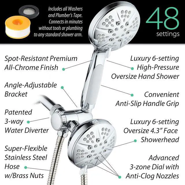 Alt view image 3 of 7 - Hotel Spa Notilus Surround-Shower(TM) High-Pressure 48-setting Luxury 3-way Shower Head/Handheld Combo - Anti-Slip Grip, Anti-Clog Jets, Heavy-Duty Stainless Steel Hose, All-Chrome Finish