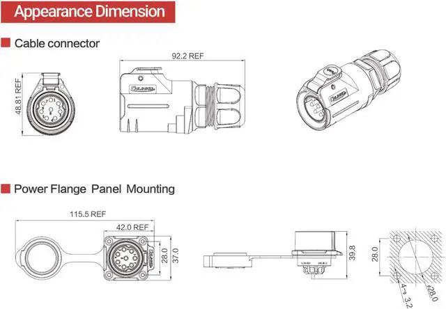 Alt view image 3 of 4 - 3 Pin 50Amp Power Industrial Circular Connector, Male Plug & Female Panel Mount Receptacles Socket Jack, Rated 50amp, Outdoor Waterproof IP67, Easy Plug and Pull, Screw Locking Termination
