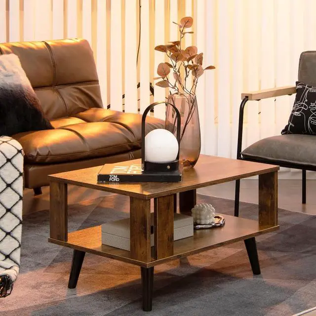 Alt view image 2 of 7 - Giantex Small Wood Coffee Table, 2-Tier Tea Table w/Open Storage Shelf & Supportive Legs, Compact Rectangle Sofa Side Table, Easy Assembly, Mid-Century Center Table for Living Room, Reception Room