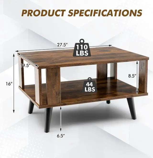 Alt view image 3 of 7 - Giantex Small Wood Coffee Table, 2-Tier Tea Table w/Open Storage Shelf & Supportive Legs, Compact Rectangle Sofa Side Table, Easy Assembly, Mid-Century Center Table for Living Room, Reception Room