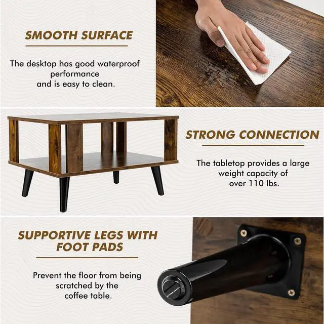 Alt view image 4 of 7 - Giantex Small Wood Coffee Table, 2-Tier Tea Table w/Open Storage Shelf & Supportive Legs, Compact Rectangle Sofa Side Table, Easy Assembly, Mid-Century Center Table for Living Room, Reception Room