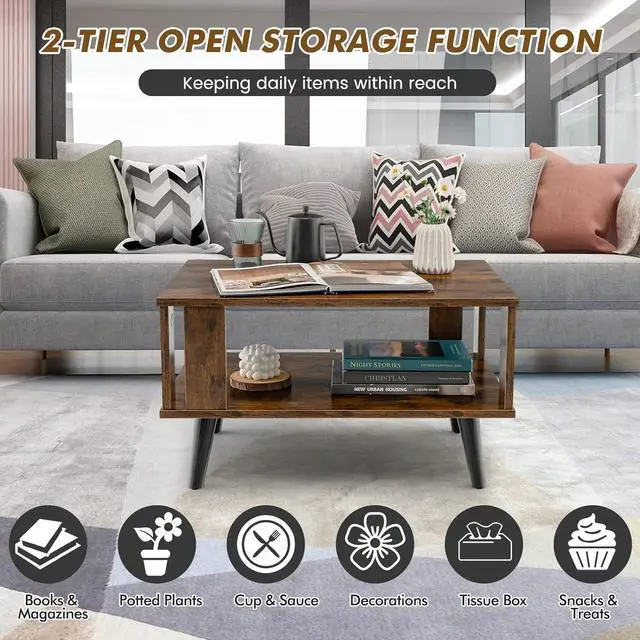 Alt view image 5 of 7 - Giantex Small Wood Coffee Table, 2-Tier Tea Table w/Open Storage Shelf & Supportive Legs, Compact Rectangle Sofa Side Table, Easy Assembly, Mid-Century Center Table for Living Room, Reception Room
