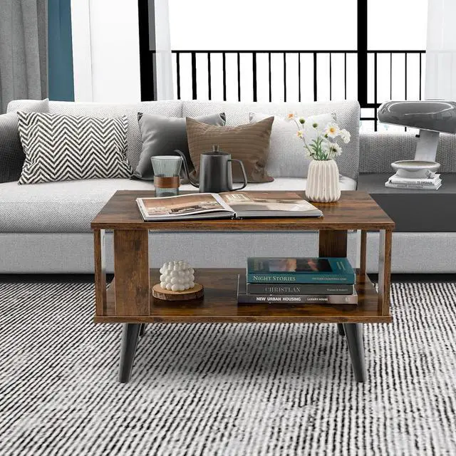 Alt view image 7 of 7 - Giantex Small Wood Coffee Table, 2-Tier Tea Table w/Open Storage Shelf & Supportive Legs, Compact Rectangle Sofa Side Table, Easy Assembly, Mid-Century Center Table for Living Room, Reception Room