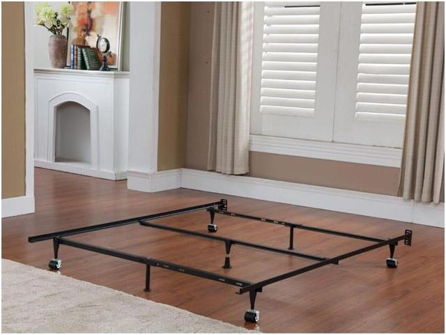 7 Leg Super Duty Adjustable Metal Bed Frame Queen Full XL Twin XL with Center Support bar Rug Rollers Locking Wheels