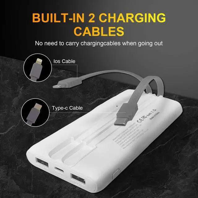 Alt view image 2 of 6 - Damaite Portable Charger 10000mAh Power Bank with Built-in Cables and AC Wall Plug, PD 22.5W Fast Charging Battery Pack, Compatible with iPhone, iPad, Samsung Phones and Tablets