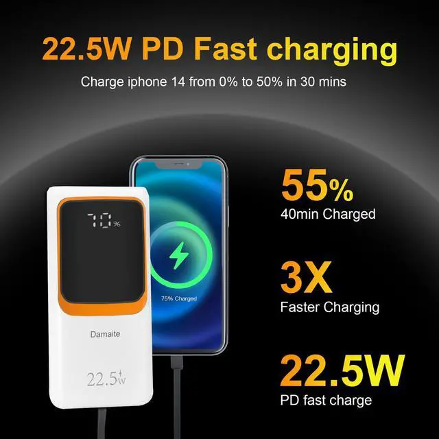 Alt view image 4 of 6 - Damaite Portable Charger 10000mAh Power Bank with Built-in Cables and AC Wall Plug, PD 22.5W Fast Charging Battery Pack, Compatible with iPhone, iPad, Samsung Phones and Tablets