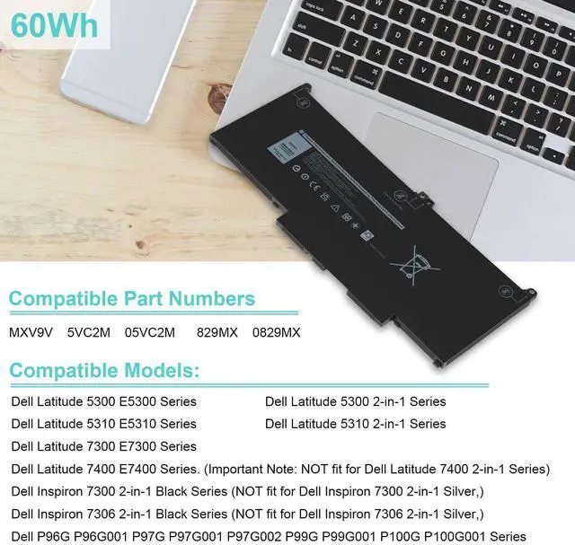 Alt view image 3 of 7 - Damaite MXV9V Battery For Dell Latitude 5300 5310 7300 7400 5VC2M N2K62 Type(60Wh 7.6V)