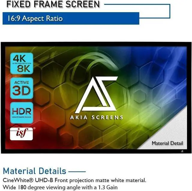Alt view image 2 of 7 - Akia Screens Fixed Frame Projector Screen 100 inch 16:9 8K 4K Ultra HD 3D Ready Wall Mount CINEWHITE UHD-B 100 Projection Screen for Indoor Movie Video Home Theater Cinema Office AK-FF100WH2