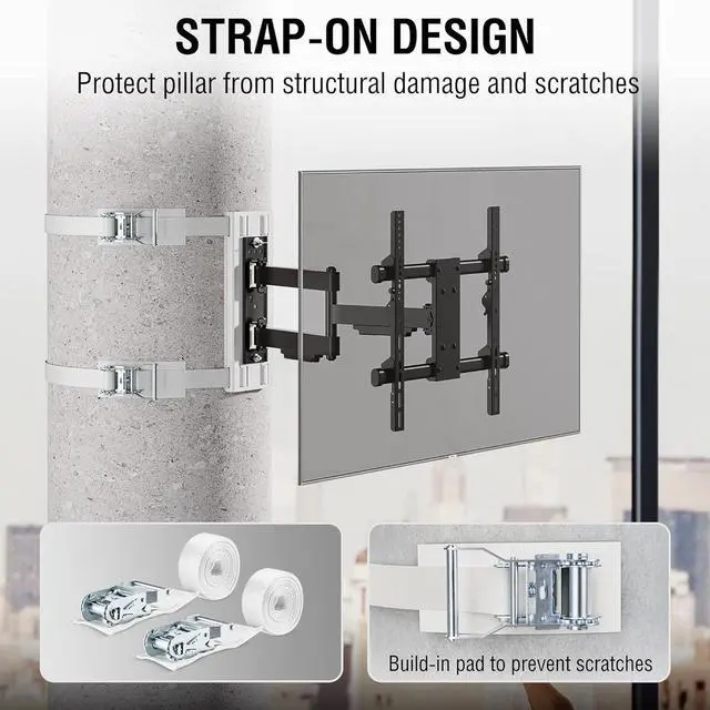 Alt view image 6 of 7 - CondoMounts CLMTVA1044 Full Motion Large Pillar TV Mount | Column | Round & Square TV Post Mount | NO Drill | Holds 80lbs | Fits 32-in. to 70-in. TVs | Fits Pillars 8-in & Wider | White Strap