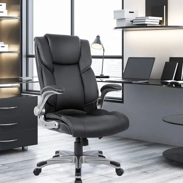 Alt view image 2 of 7 - High Back Executive Office Chair- Ergonomic Home Computer Desk Leather Chair with Padded Flip-up Arms, Adjustable Tilt Lock, Swivel Rolling Chair for Adult Working Study-Black