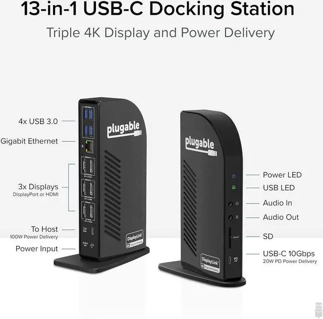 Alt view image 2 of 6 - Plugable 13-in-1 USB C Docking Station 4K Triple Monitor with 100W Power Delivery | USB C Dock for Windows, Mac, ChromeOS, Thunderbolt | Driver Required | 3X HDMI and 3X DisplayPort (UD-ULTC4K)
