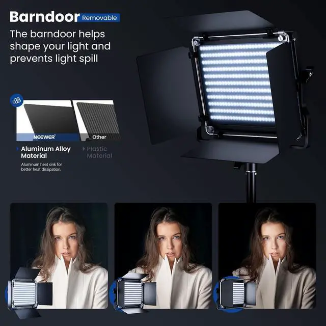 Alt view image 3 of 7 - NEEWER 2 Pack Bi Color 660 LED Video Light and Stand Kit: (2) 3200-5600K CRI 96+ Dimmable Light with U Bracket and Barndoor, (2) 75 inches Light Stand for Studio Photography, Video Recording (Black)