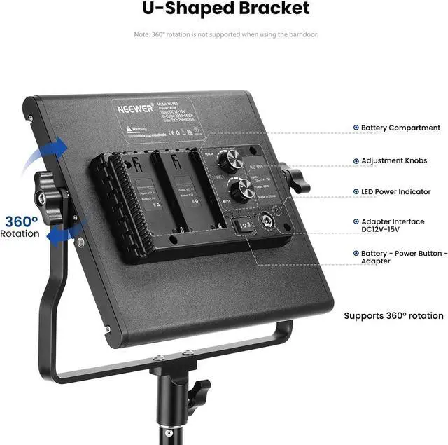 Alt view image 5 of 7 - NEEWER 2 Pack Bi Color 660 LED Video Light and Stand Kit: (2) 3200-5600K CRI 96+ Dimmable Light with U Bracket and Barndoor, (2) 75 inches Light Stand for Studio Photography, Video Recording (Black)