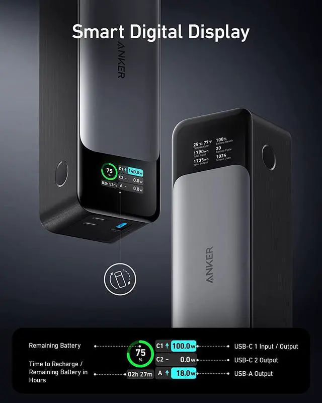 Alt view image 4 of 7 - Anker Power Bank, 24,000 mAh 3-Port Portable Charger with 140W Output, Smart Digital Display, Compatible with iPhone 15/15 Plus/15 Pro/15 Pro Max, iPhone 14/13 Series, Samsung, MacBook, Dell, AirPods