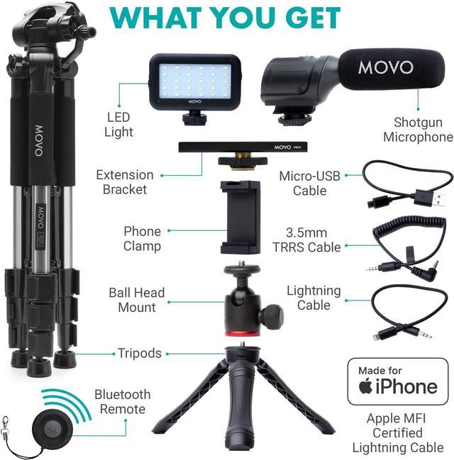 Movo Smartphone Vlogging Kit for iPhone with Shotgun Microphone, Grip  Handle, Wrist Strap for iPhone and Android Smartphones for TIK Tok, Vlog
