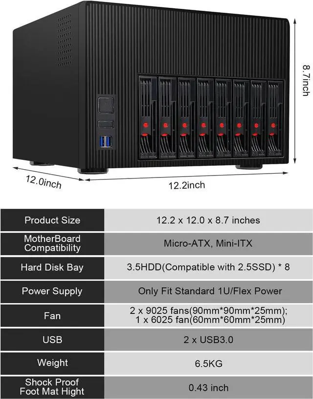 Alt view image 6 of 7 - AUDHEID K7 8 Bay NAS Case, Computer Enclosures Compatible Micro-ATX Mini-ITX Motherboard, 3 x Fans, 8 x 2.5/3.5" Tray, Network Attached Storage Server for Home(Diskless)