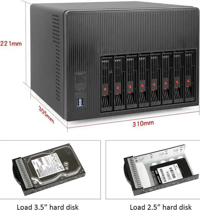 Alt view image 7 of 7 - AUDHEID K7 8 Bay NAS Case, Computer Enclosures Compatible Micro-ATX Mini-ITX Motherboard, 3 x Fans, 8 x 2.5/3.5" Tray, Network Attached Storage Server for Home(Diskless)