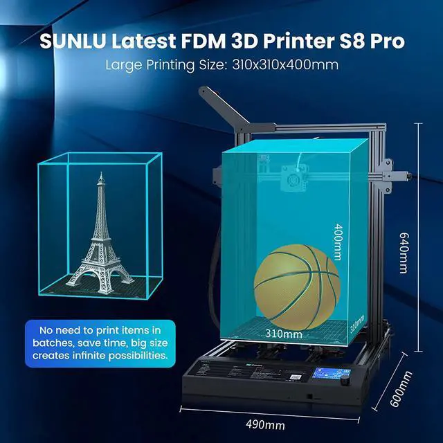 Alt view image 2 of 6 - FDM 3D Printers Large Build Size, SUNLU S8 Pro with Silent Motherboard, Resume Printing, Removable Magnetic Build Surface, Open Source, Pre-Assembled, S8 Pro 3D Printer Print Build Size 310x310x400mm
