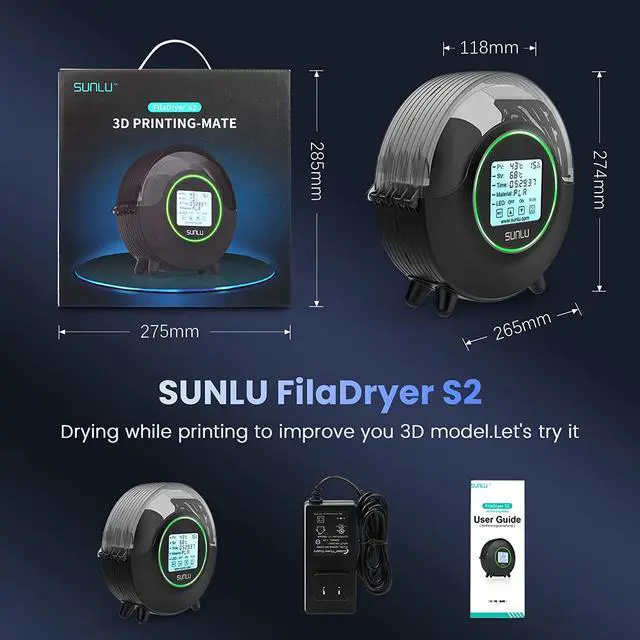 Alt view image 4 of 7 - SUNLU 3D Printer Filament Dryer, Filament Dry Box S2, Up to 70, Built-in Fan, 360° Surround Heating, Filament Storage Box Dehydrator for Nylon TPU PLA PETG ABS 1.75 2.85 3.00mm, S2 Black