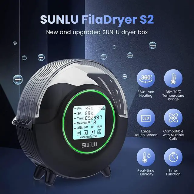 Alt view image 7 of 7 - SUNLU 3D Printer Filament Dryer, Filament Dry Box S2, Up to 70, Built-in Fan, 360° Surround Heating, Filament Storage Box Dehydrator for Nylon TPU PLA PETG ABS 1.75 2.85 3.00mm, S2 Black