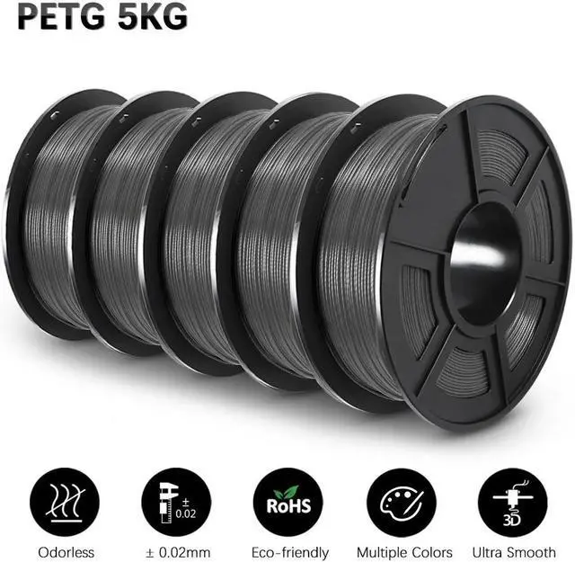 Main image of PETG 3D Printer Filament, SUNLU Super Neat Filament Spool, Strong PETG Filament 1.75mm Dimensional Accuracy +/- 0.02mm, 1KG Spool(2.2lbs), 320 Meters, PETG Gray 5KG