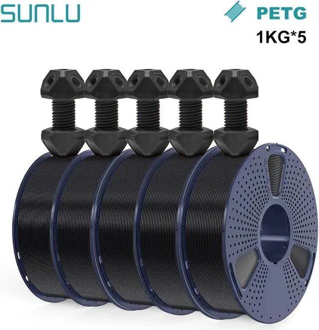 Main image of SUNLU PETG 3D Printer Filament 1.75mm, Strong PETG Filament Bundle, Dimensional Accuracy +/- 0.02mm, 1KG Spool(2.2lbs), 320 Meters, PETG Black 5KG