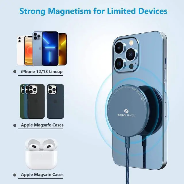 Alt view image 3 of 6 - ZEROLEMON Magnetic Wireless Charger [10ft], Support Mag-Safe Charger, Fast Wireless Charging Pad for iPhone 14/14 Plus/14 Pro Max, iPhone 13/12 Mini/ 12 Pro Max/AirPods - Rugged Blue