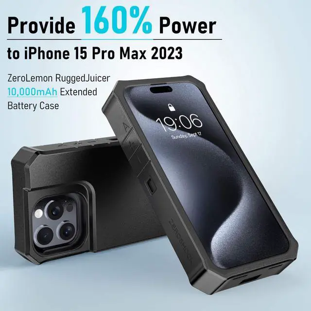 Alt view image 2 of 7 - ZEROLEMON Battery Case for iPhone 15 Pro Max, 10000mAh Fast Charging Pass Through, Wireless Charging Supported, RuggedJuicer Extended Battery Charger for iPhone 15 Pro Max