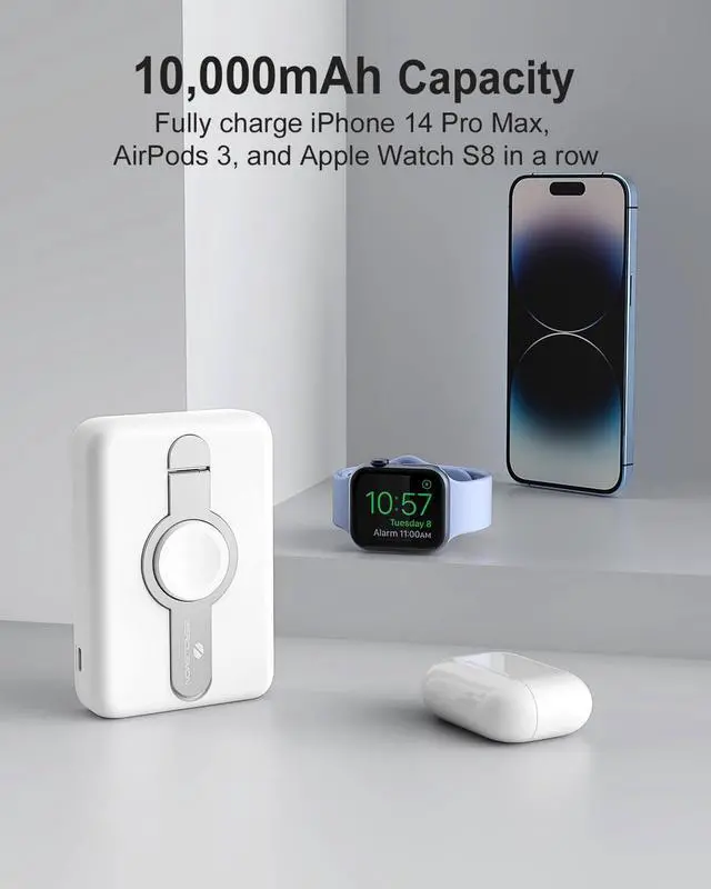 Alt view image 2 of 7 - ZEROLEMON Mag-Safe iPhone Charger, 10000mAh Wireless Power Bank 20W with Stand, for iPhone 15 Pro Max/14/13/12 Lines & Apple Watch & AirPods - White