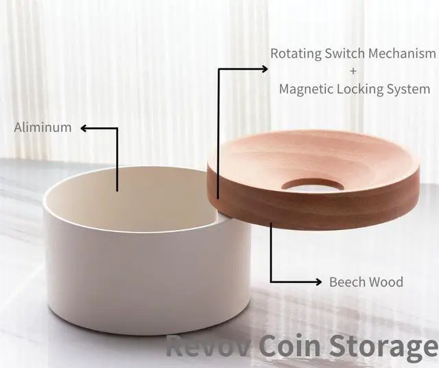 Alt view image 2 of 5 - Mordeco Revov Coin Storage | Rotating Switch Mechanism| Magnetic Locking System | Coin Bank | Beech Wood | Aluminum