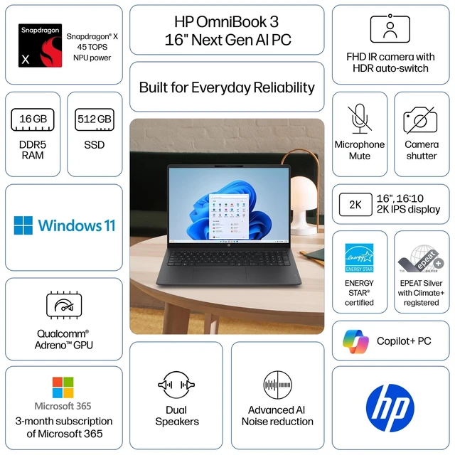 Alt view image 3 of 4 - HP OmniBook 3 16" Laptop Next Gen AI PC 2K IPS Display Snapdragon X 16GB RAM 512GB SSD Mica Silver