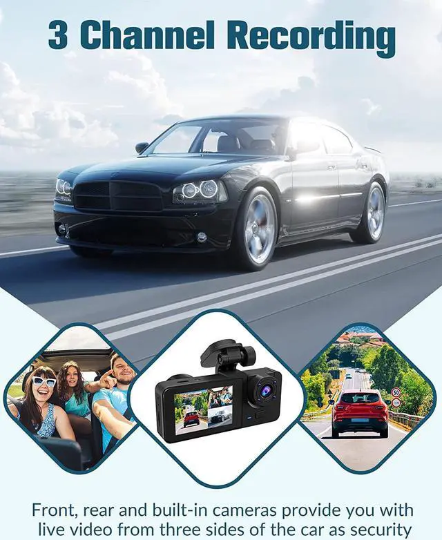 Alt view image 2 of 7 - Dash Cam Front and Rear Inside, 4K Full HD Triple Dash Camera for Cars, Car Camera with 32GB Card,Built-in Loop Recording,G-Sensor,24H Parking Monitor,WDR,Accident Lock