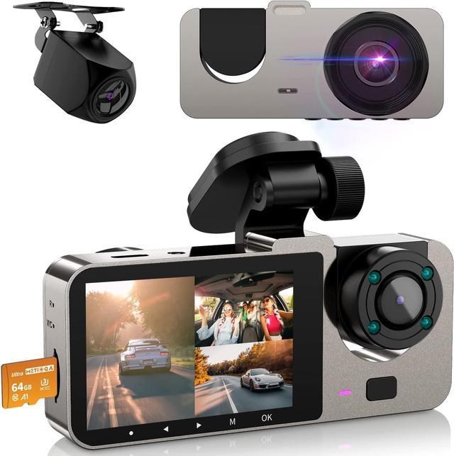 3 Channel Dash Cam Front and Rear Inside, 64GB Free SD Card, 1080P Dash  Camera for