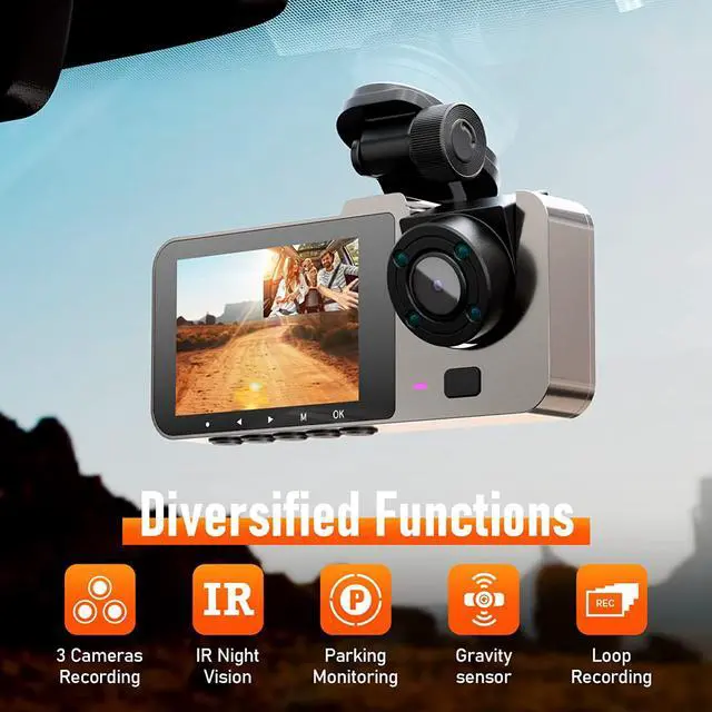Alt view image 2 of 7 - 3 Channel Dash Cam Front and Rear Inside, 64GB Free SD Card, 1080P Dash Camera for Car with 4 IR Lamps, Three Way Car Cam Night Vision, 2.5 Inch LCD, Parking Monitor, G-Sensor, USB C, Loop Record