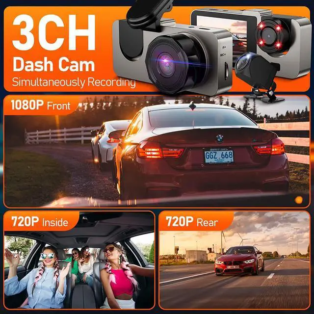 Alt view image 3 of 7 - 3 Channel Dash Cam Front and Rear Inside, 64GB Free SD Card, 1080P Dash Camera for Car with 4 IR Lamps, Three Way Car Cam Night Vision, 2.5 Inch LCD, Parking Monitor, G-Sensor, USB C, Loop Record