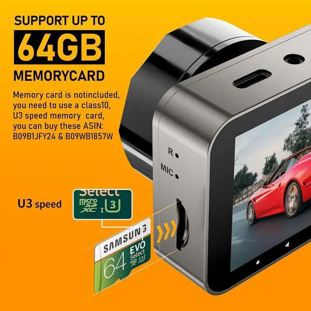 Alt view image 7 of 7 - 3 Channel Dash Cam Front and Rear Inside, 64GB Free SD Card, 1080P Dash Camera for Car with 4 IR Lamps, Three Way Car Cam Night Vision, 2.5 Inch LCD, Parking Monitor, G-Sensor, USB C, Loop Record