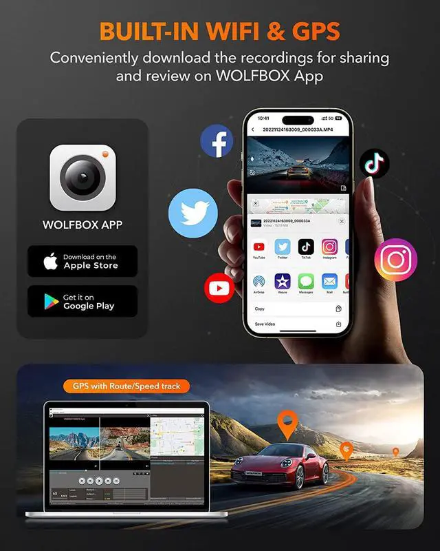 Alt view image 2 of 7 - WOLFBOX 12'' Mirror Dash Cam with WiFi, 2.5K Rear View Mirror Camera with 1080P Backup Camera, WiFi Mirror Dash Cam Front and Rear, Included 32GB Card & GPS